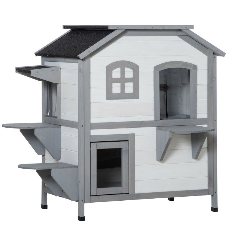 PawHut Wooden 2-Story Outdoor Cat House, Feral Cat Shelter Kitten Condo with Escape Door, Openable Asphalt Roof and 4 Platforms, 1 of 8