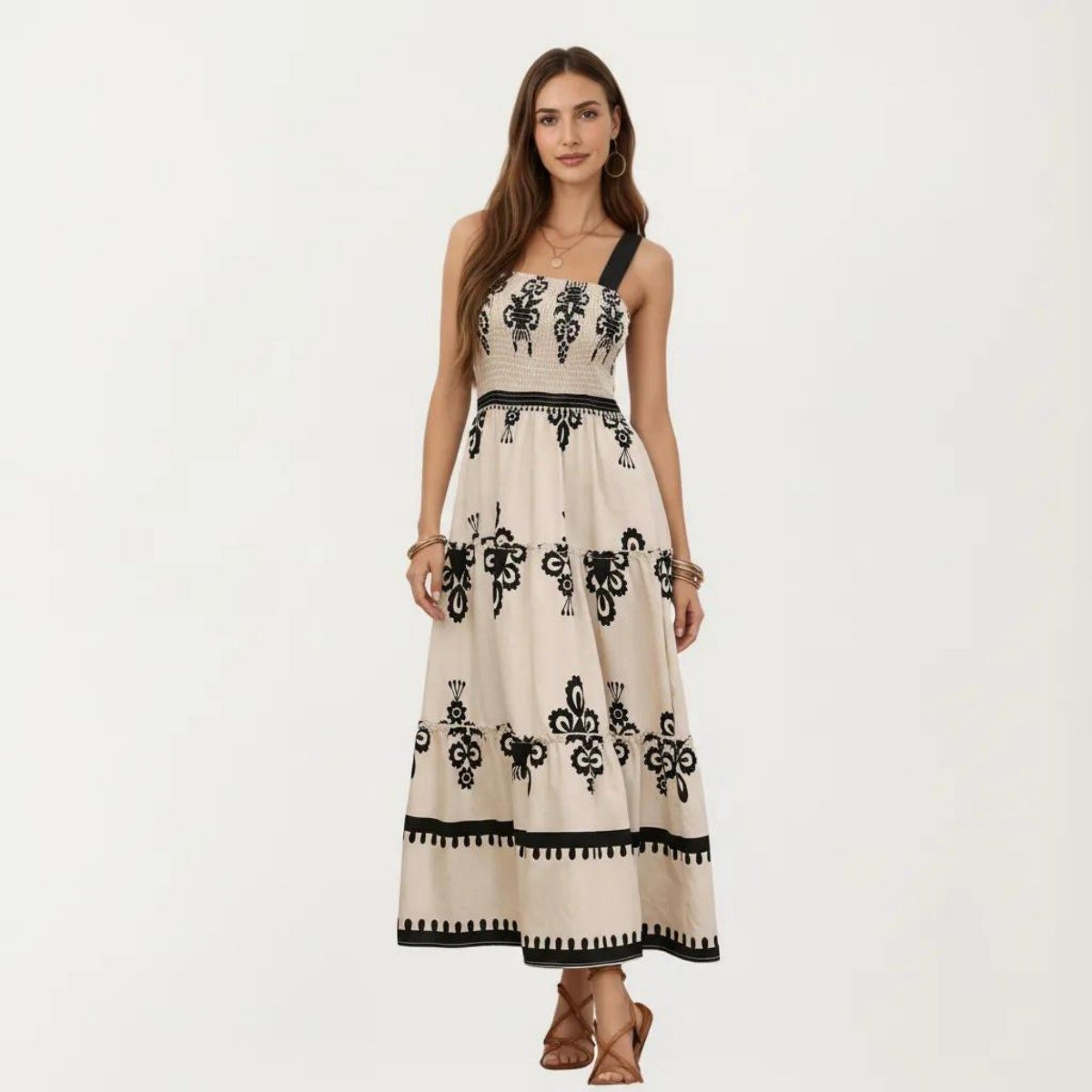 Женские платья Anna-Kaci Women's Sleeveless Smocked Midi Dress with Wide Straps Tiered Skirt and Bohemian Floral Print Design - X Large, Light Beige — фото 4