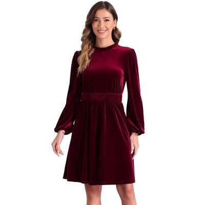 Allegra K Women's Velvet Smocked Waistline Long Sleeve Wedding Guest Dress