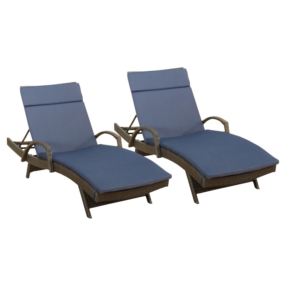 Photos - Garden Furniture Salem Set of 2 Brown Wicker Adjustable Chaise Lounge with Arms - Navy Blue