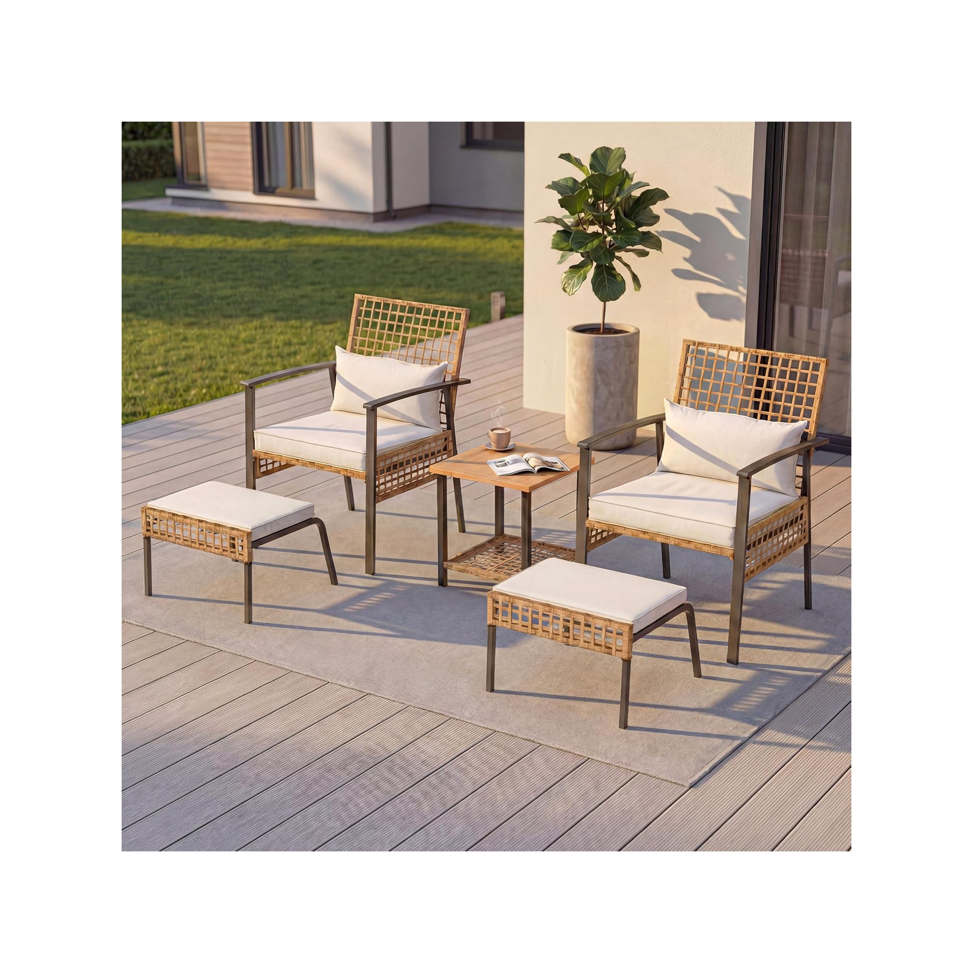LAUSAINT HOME 5 Pieces Patio Furniture Set with Ottomans, Wicker Outdoor Conversation Set with Cushions and Coffee Table