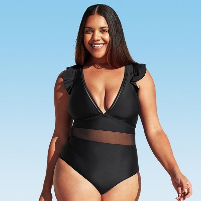 CUPSHE Women Swimsuit Plus Size One Piece V Neck Mesh Sheer Tummy Control Bathing  Suit with Adjustable Wide Straps, 00X Black at  Women's Clothing store