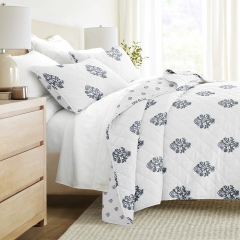 Becky Cameron Quilted Coverlet Set – Ultra-Soft Lightweight Bedding in Stamped Bloom Pattern by Becky Cameron, Stamped Bloom Dusk Blue, King/California King