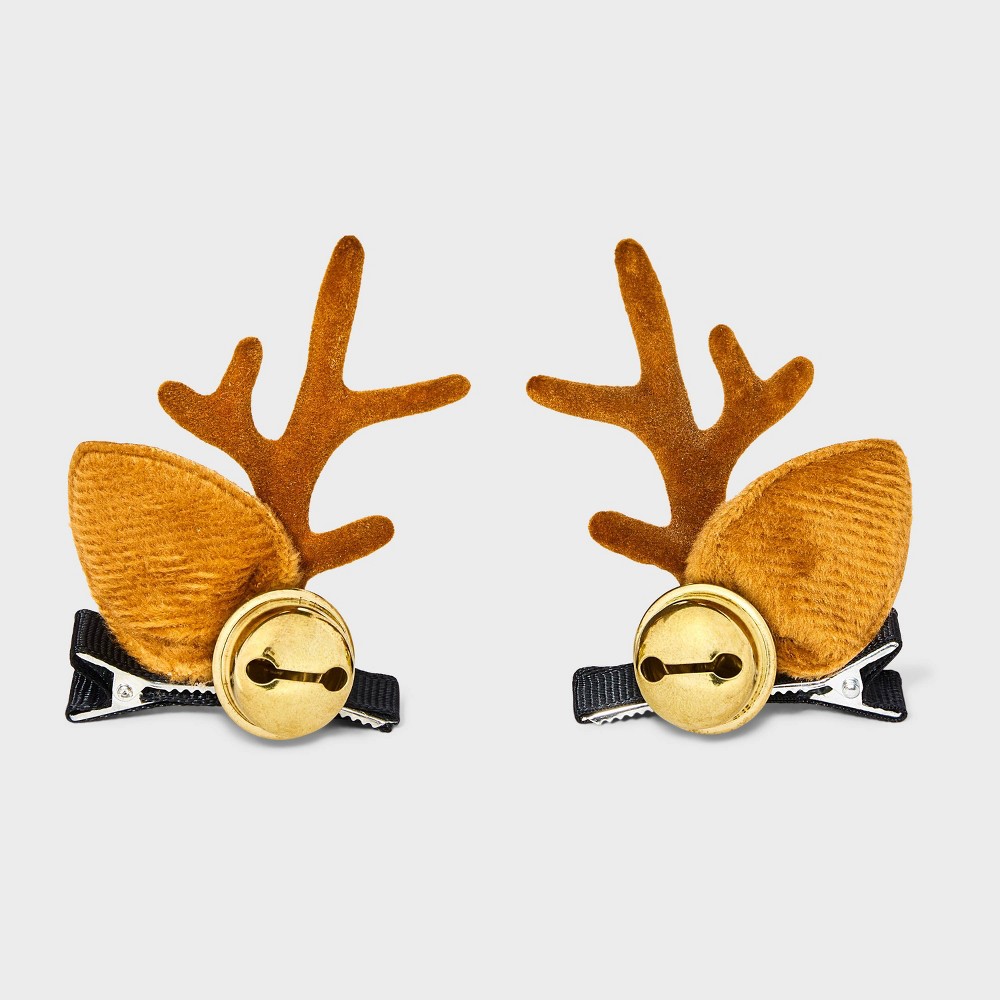 Christmas Reindeer Antlers with Bell Hair Clip Set 2pc - Brown/Gold