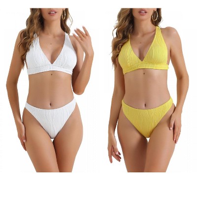INSPIRE CHIC Women's V Neck Crisscross Back Drawstring Triangle Bottoms Swimwear Bathing Bikini Suits 2 Sets