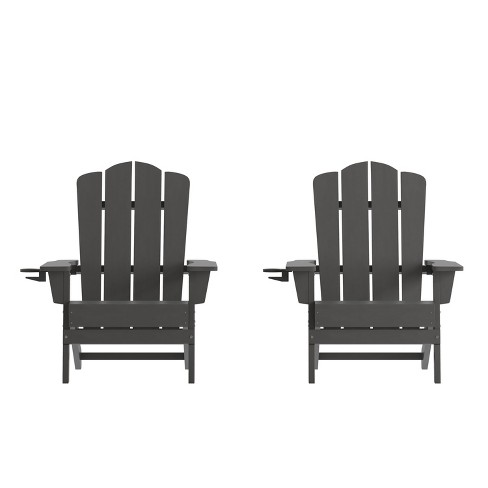 Flash Furniture Newport Adirondack Chair with Cup Holder Weather Resistant HDPE Adirondack Chair in Gray Set of 2