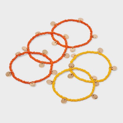 Seedbead with Hammered Discs Stretch Bracelet Set 5pc - A New Day™ Orange/Gold