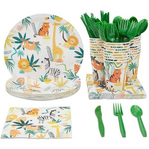 Blue Panda 144 Piece Jungle Safari Theme Birthday Party Decorations, Zoo Animal Dinnerware Plates, Napkins, Cups, and Cutlery - 1 of 4