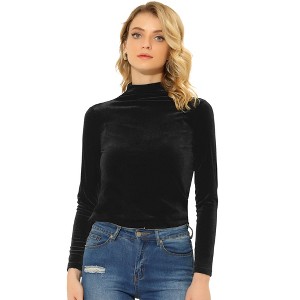 Allegra K Women's Solid Turtleneck Velvet Long Sleeve Work Basic Velour Blouse - 1 of 4