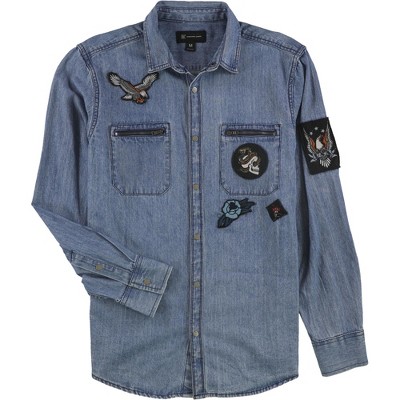 I.N.C International Concepts Mens Denim Patch Button Up Shirt, Blue, Small