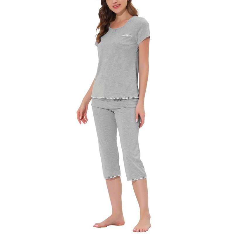 cheibear Women's Sleepwear Pajama Set Nightwear Round Neck Loungewear with Capri Pants, 2 of 6