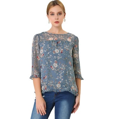 Allegra K Women's Casual Round Neck Ruffle 3/4 Sleeve Floral