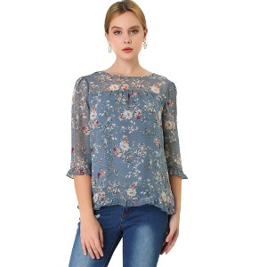 INSPIRE CHIC Women's Round Neck Ruffle 3/4 Sleeve Floral Print Chiffon Blouse - 1 of 4