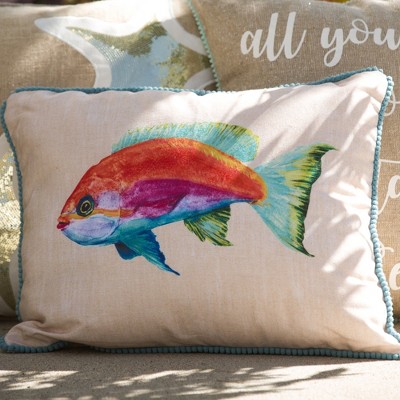 Multi-Colored Fish Embroidered Nautical Throw Pillow
