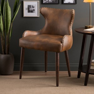Faux Leather Tufted Barrel Accent Chair with Brass Nailhead Trim and Hardwood Legs - 1 of 4