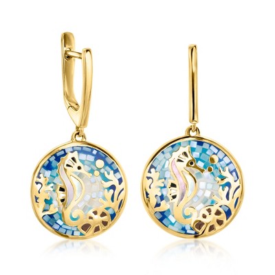 Ross-Simons Multicolored Enamel and Mother-Of-Pearl Seahorse Mosaic Drop Earrings in 18kt Gold Over Sterling