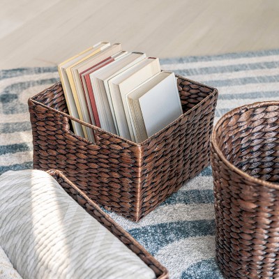 Handwoven Dark Brown Hyacinth Storage Basket Set with Iron Frame