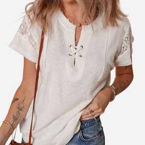 Amaryllis Women’s Lace Sleeve Ribbed Knit Top Lace-Up Neckline Casual Relaxed Fit Lightweight Versatile - 1 of 4