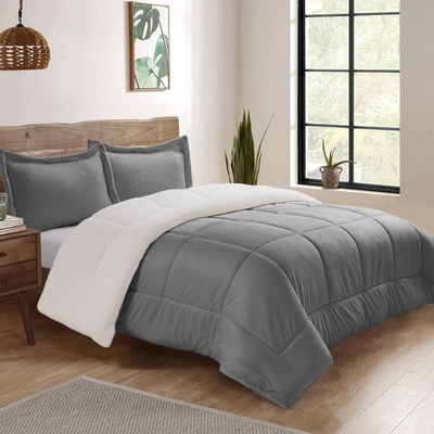 Pewter Queen Reversible Microfiber and Sherpa Comforter Set