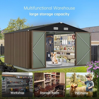 Brown 10x8 FT Metal Outdoor Storage Shed with Lockable Doors