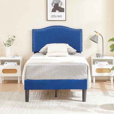 VECELO Platform Bed Frame with Upholstered Headboard, Strong Frame and Wooden Slats Support, Bed Frame