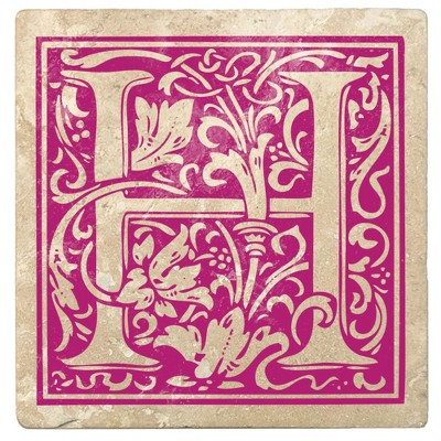 Christmas by Krebs 4pc Ivory and Tutti Frutti Pink Alphabet "H" Square Monogram Coasters 4"