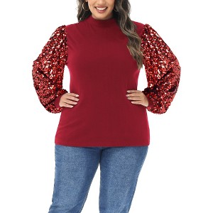 Anna-Kaci Women's Plus Size Sequin Sweatshirt Mock Neck Pullover Long Lantern Sleeve Glitter Party Tops - 1 of 4