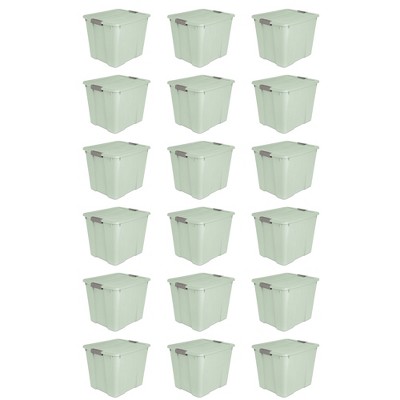 Sterilite 20 Gallon Latch Tote Home or Office Storage Organizer Container Stackable Plastic Bins with In Molded Handles, Mindful Mint, 18-Pack