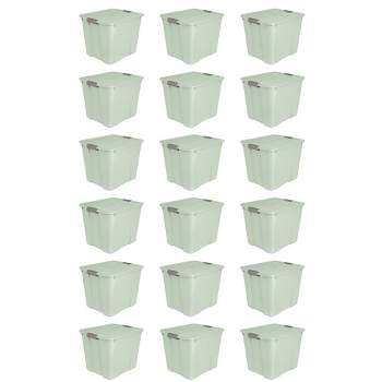 Sterilite 20 Gallon Latch Tote Home or Office Storage Organizer Container Stackable Plastic Bins with In Molded Handles, Mindful Mint, 18-Pack