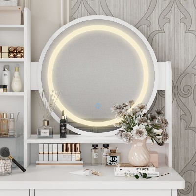 White Wood Makeup Vanity Set with LED Mirror and Stool