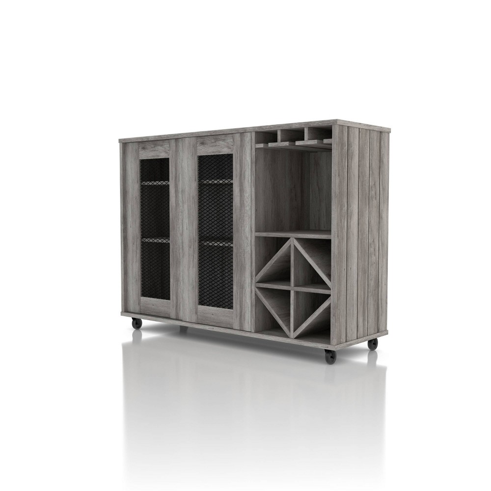 24/7 Shop At Home Carmelia Industrial Inspired Sliding Door Buffet Vintage Gray Oak: Kitchen Server with Wine Storage