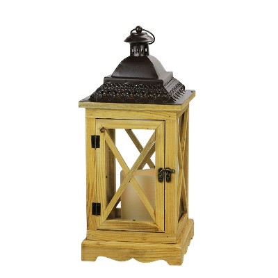 Northlight 17.5" Rustic Wooden Lantern with Brown Metal Top and LED Flameless Pillar Candle with Timer