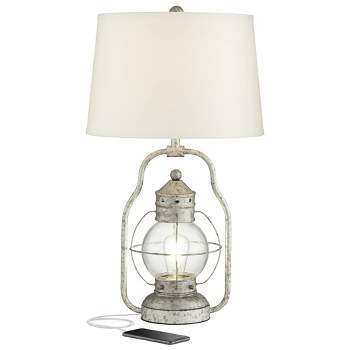 Franklin Iron Works Bodie Rustic Industrial Table Lamp 26" High Distressed Silver with USB Charging Port Nightlight LED Off White Linen Shade for Desk