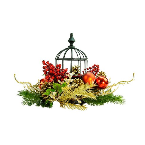 Northlight 13 Red Berry And Pine Cone Hurricane Glass In Birdcage