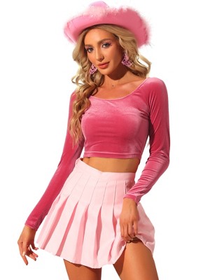 INSPIRE CHIC Women's Velvet Scoop Neck Long Sleeve Solid Crop Top