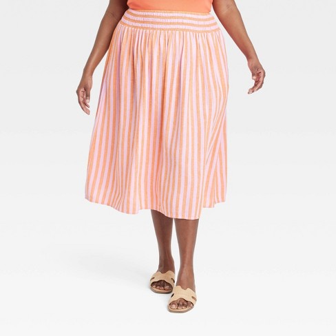 Women's Midi A-Line Skirt - A New Day™ Light Orange Striped XXL