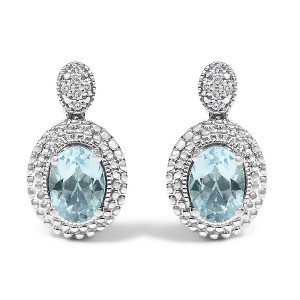 Haus of Brilliance Silver Diamond Accent and Oval Blue Topaz with Beaded Halo Drop Stud Earrings - 1 of 4
