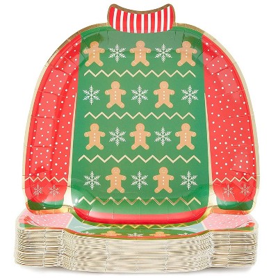 48-Pack Christmas Party Supplies, Ugly Sweater Disposable Paper Dinner Plates in Gingerbread Pattern for Holiday Season Decorations, 9.5"