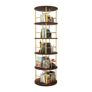 Vynxaria Modern Minimalist 5-Tier Rotating Bookshelf  360° Round Spinning, Wood&Metal Stackable, Floor Standing Swivel, Gold - 1 of 4