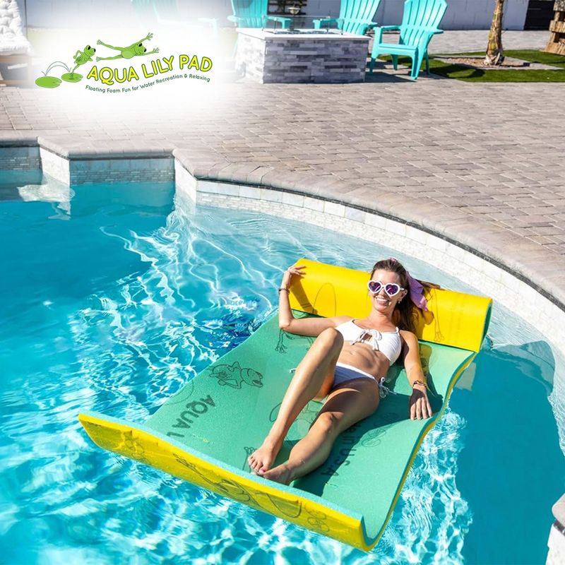 Aqua Lily Pad 85 x 24 Inch Tadpole Single Adult Floating Foam Pool Lounger Water Blanket Table Bed Mat with Pillow Straps & Storage Bag, Green/Yellow, 5 of 8