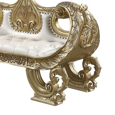Bernadette White and Gold Synthetic Leather Bench with Intricate Scrollwork