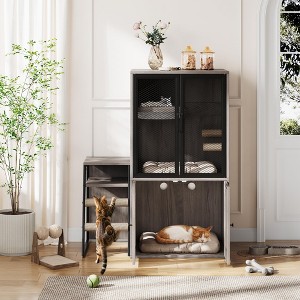 Cat Litter Box Enclosure with Door - Double Layer Cat House with Hammock, Ladder and Scratching Posts, Hidden Enclosed Litter Box Storage Furniture - 1 of 4
