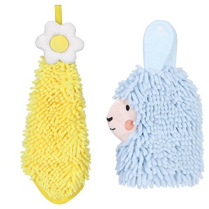 REGALWOVEN Soft Absorbent Flower Pattern and Sheep Pattern Chenille Hand Towel with Loop 6" x 15"/7" x 11" 2 Pcs - 1 of 4