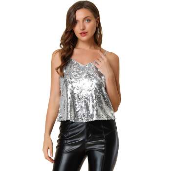 Allegra K Women's Sequined Shining Adjustable Straps Club Party Sparkle Cami Top