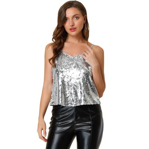 Allegra K Women's Sequined Shining Club Party Sparkle Cami Top Silver Large