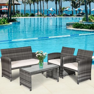 Costway 4PCS Patio Rattan Furniture Set Conversation Glass Table Top Cushioned Sofa White - 1 of 4