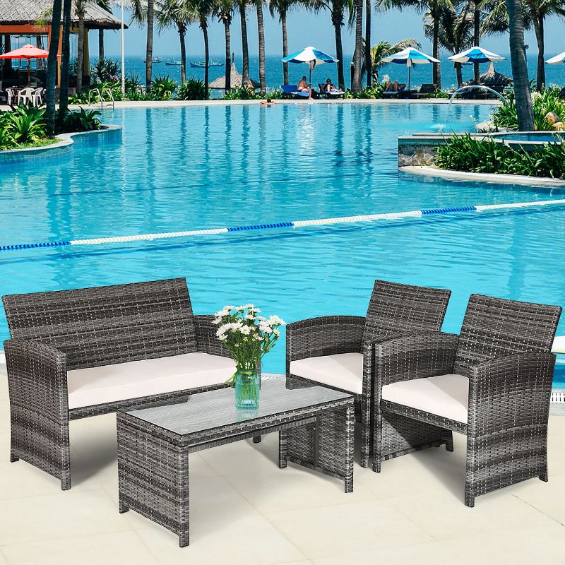 Costway 4PCS Patio Rattan Furniture Set Conversation Glass Table Top Cushioned Sofa White, 1 of 10