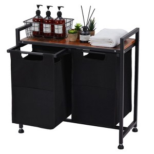 Laundry Basket on Wheels, Movable Laundry Hamper, Laundry Cart with Wooden Tabletop & Pulled-Out Basket - 1 of 4