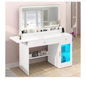 Modern Vanity Desk Makeup Table with Large Mirror 1 Cabinets Foldable Desk 2 Drawers Shelves, Dresser Vanity Desk Set for Bedroom - 1 of 4