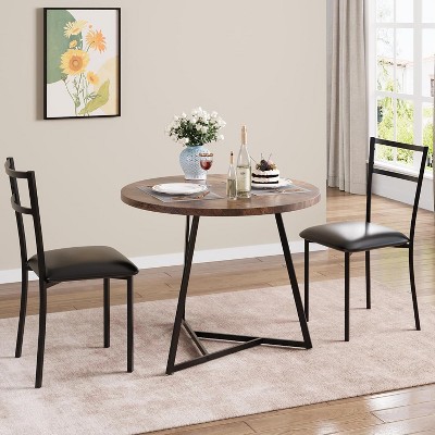3-Piece Dining Table Set for 2, Round Kitchen Table with 2 Upholstered Chairs, Metal Frame & Faux Marble Top for Small Space, Apartment